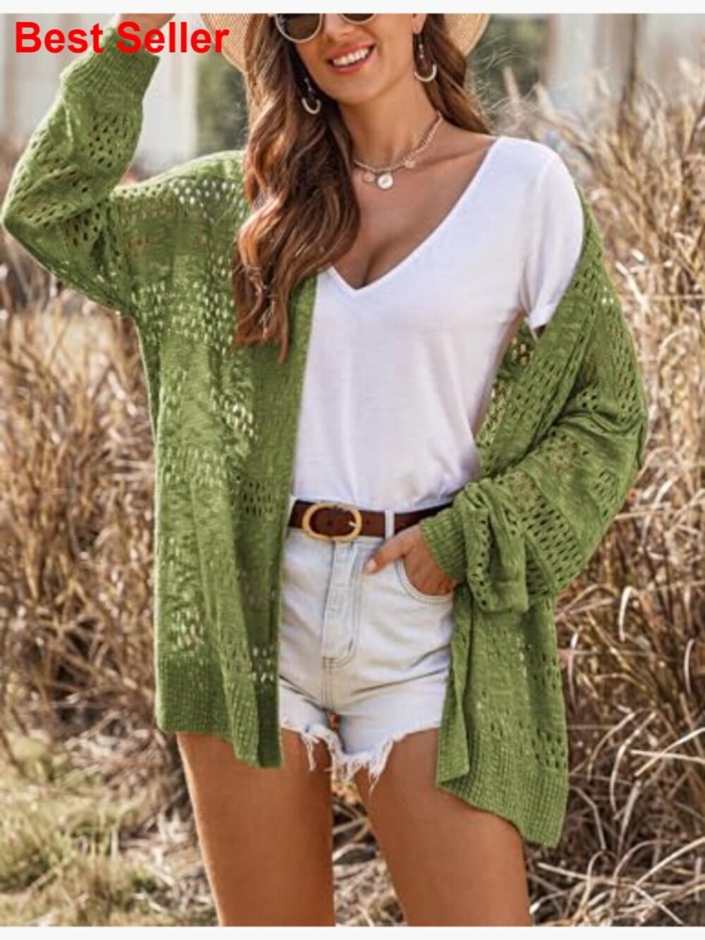 Lightweight Crochet Cardigan Long Sleeve Open Front Knit Sweater - Picture 3 of 7